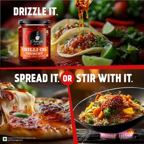 Image of Ching's Chilli Oil Crunchy - 170g | Drizzle, Stir, Spread| Use on Noodles, Fried Rice, Dimsums, Pizza, Pasta, Indian Curries & even Dal| Real Garlic, Chilli Flakes