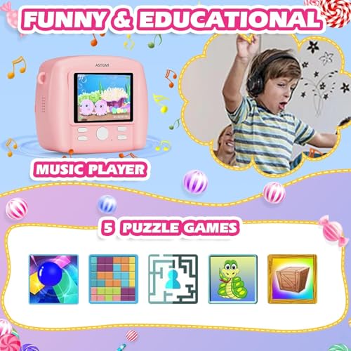 Sofortbildkamera Kinder,Kinderkamera Kompaktkameras 1080P HD Sofortdruck von Fotos,Geburtstagsgeschenk Weihnachten Geschenk Spielzeug ab 3 4 5 6 8 7 9 10 11 Jahre Mädchen Jungen 3 Rollen Fotopapier