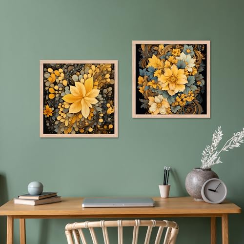 Image of kotart Painting for Wall Decoration - Floral Painting for Living Room Bedroom Office Room Decor - Premium Digital Paintings with Frame for Home Decoration - Set of 2 Multicolor paintings (13x13 inch, E)