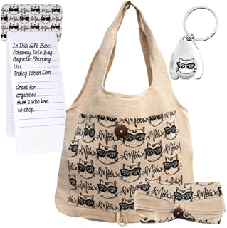 MYRTLE ( ROCK Large Folding Bag Gift Set for Cat Lovers | Trolley Token| Trolley Coin Keyring | Magnetic Shopping List Notepad for Fridge| Recyclable Shopping Bag Gift for Her
