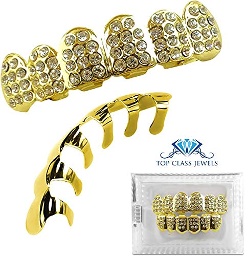 24K Plated Joker Gold Grillz for Mouth Top Bottom Hip Hop Teeth Grills for Teeth Mouth + 2 Extra Molding Bars + Microfiber Cloth (Gold CZ)