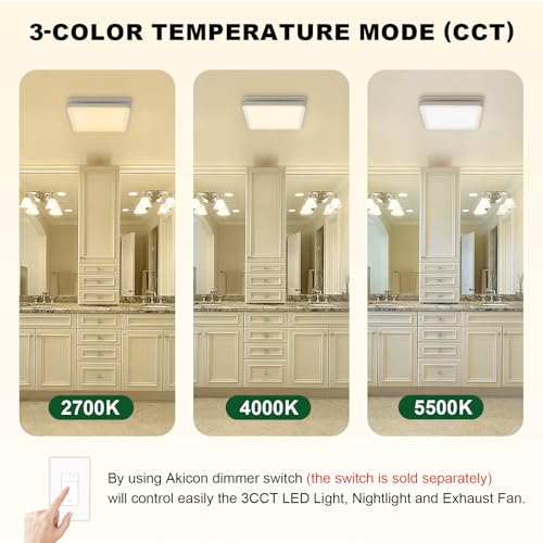 Image of Akicon Bathroom Exhaust Fan with Light, 80CFM 2.0 Sones Exhaust Fan for Bathroom Ceiling, 15W Dimmable 3CCT LED Shower Lights & 3.5W Nightlight Vent Fan for Home, Square, White