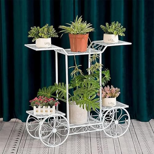 Absysa Vintage-Style Metal Bicycle Plant Stand with 6-Tier Display — Indoor Decorative Flower Rack for Home, Balcony, Living Room & Office — Elegant Design with Ornamental Wheels & Multi-Pot Holder (White)