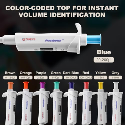 Image of 4E's USA Lab 20-200μL Pipette: Single-Channel Adjustable Micropipette with Color-Coded Top (Blue), 4 Digit Display, Universal Tip Cone, High Accuracy, ISO 8655 Calibrated & Lower Portion Autoclavable