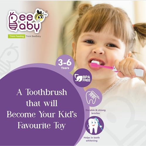 Image of BeeBaby Brush Buddy Baby Toothbrush for Kids 3-6 Years, Ultra Soft Tapered Bristles Toddler Toothbrush for Milk & Permanent Teeth, BPA Free Easy Grip Toothbrush for Sensitive Gums, Pack of 2. Elephant Violet Unicorn Pink