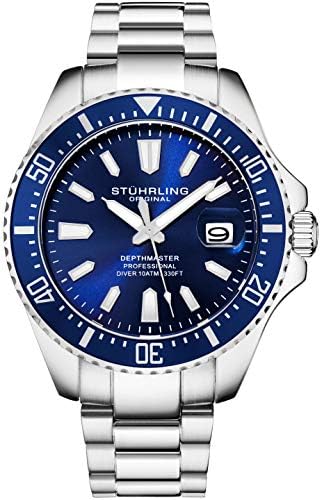 Stuhrling Original Men's Watches Pro Dive Watch Sports Watch with 42 MM Case Blue Dial Stainless Steel Silver Bracelet Diving Watch for Men