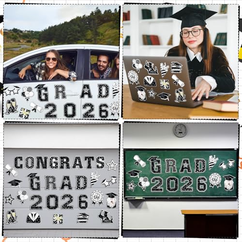Image of Landhoow 30 Pcs Graduation Car Magnets 2026 Senior Graduation Car Decoration Bumper Sticker Congrats Grad Magnet Magnetic Refrigerator Decal for Grad Parade Party Supplies(Black, White)