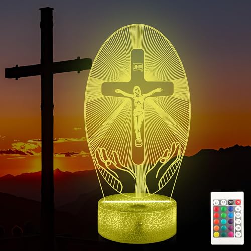 Okayera Luce notturna a croce 3D, illusione di Gesù, lampada a LED con ologramma ottico con timer con telecomando a 16 colori che cambiano colore, regalo religioso cristiano cattolico, regalo di