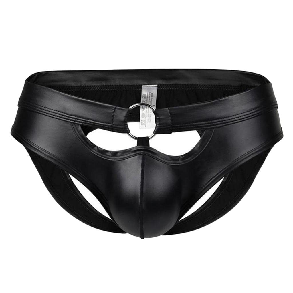 CALANDISCALANDIS® Pu Leather Briefs Low Waist O Ring Open Butt Thong Jockstrap Underpants