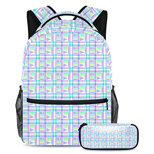 Sac à dos à carreaux géométriques grand volume avec trousse assortie pour l'école