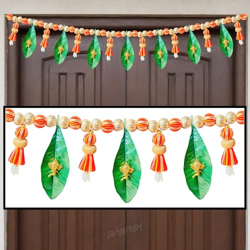Image of Divyakosh Handmade Door Toran for Main Entrance Door| 38 Inch Indian Festive Bandarwal with Mango Leaves, Golden Ganesha, Pearl Tassels & Red Gold Beads | Decorative Hanging for Diwali, Wedding