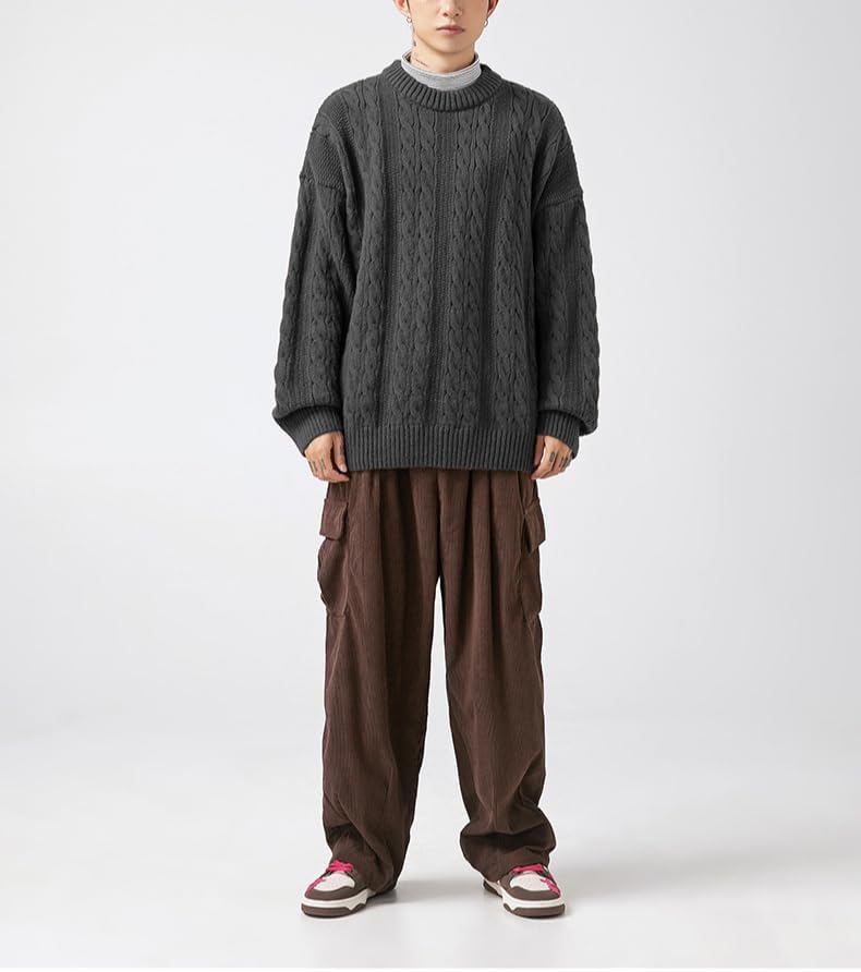 POHADON Mens Vintage Cable Knit Sweater Vintage Chunky Crewneck Long Sleeve Oversized Pullover 2026 Fall Winter Sweatshirts - Image 3