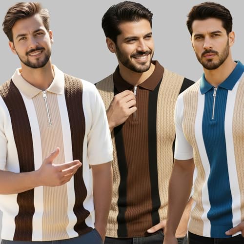 Image of AUSK Men's Retro Cable-Knit Quarter-Zip Polo | Premium Textured Self-Design Half Sleeve T-Shirt for Men