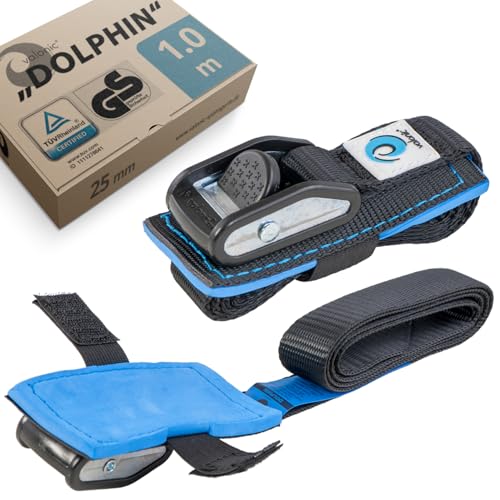 valonic DOLPHIN - 2x 1m short tie down straps, 25mm, 500Kg, protection pad, TÜV Rheinl. / GS certified, EN-12195-2 - cam buckle, for roof rack, kayak and bike rack, black