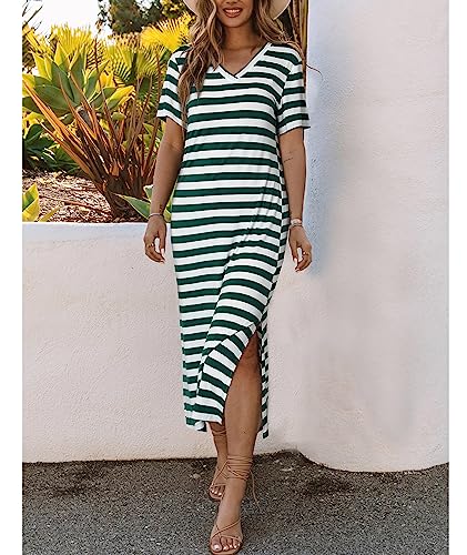MARZXIN Women 2023 Casual Maxi Dress Short Sleeve V Neck Stripe Sundress Split Loose Long Summer Beach T Shirt Dresses Green XL