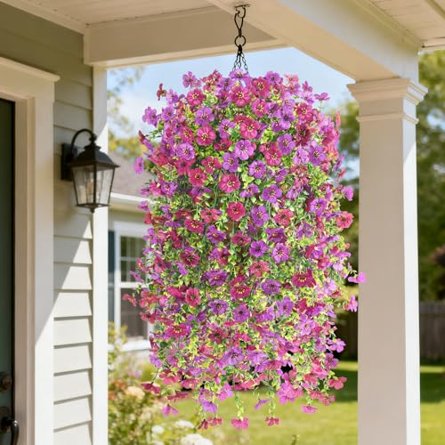 INQCMY Artificial Hanging Flower Baskets for Spring Outdoor Decoration Fake Plants UV Resistant Faux...