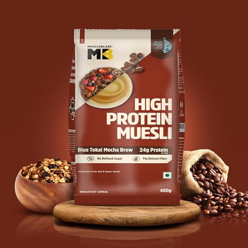 Image of MuscleBlaze High Protein Muesli (Blue Tokai Mocha Brew, 400g) | 24g Protein | With Raisins, Almonds & Super Seeds, High Protein Breakfast Cereals (Pack of 3)