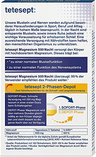 tetesept Magnesium 500 Nacht Tabletten für entspannte Muskeln im Schlaf, 30 St. Tabletten