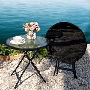 Garsing Outdoor Patio Round Side Table, Folding Bistro Table with Tempered Glass Tabletop, Compact Small Foldable Coffee Desk for Outside Use, Black Garsing Outdoor Patio Round Side Table Folding Bistro Table with Tempered Glass Tabletop Compact Small Foldable Coffee Desk for Outside Use Black