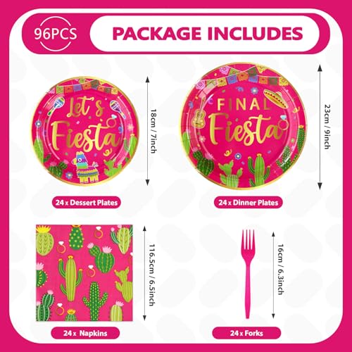 Image of Grencian 96Pcs Final Fiesta Bachelorette Taco Party Decorations, Serves 24 | Hot Pink Mexican Cactus Plates and Napkins Tableware Sets Mexican Decorations for Cinco De Mayo Let's Fiesta Party Supplies