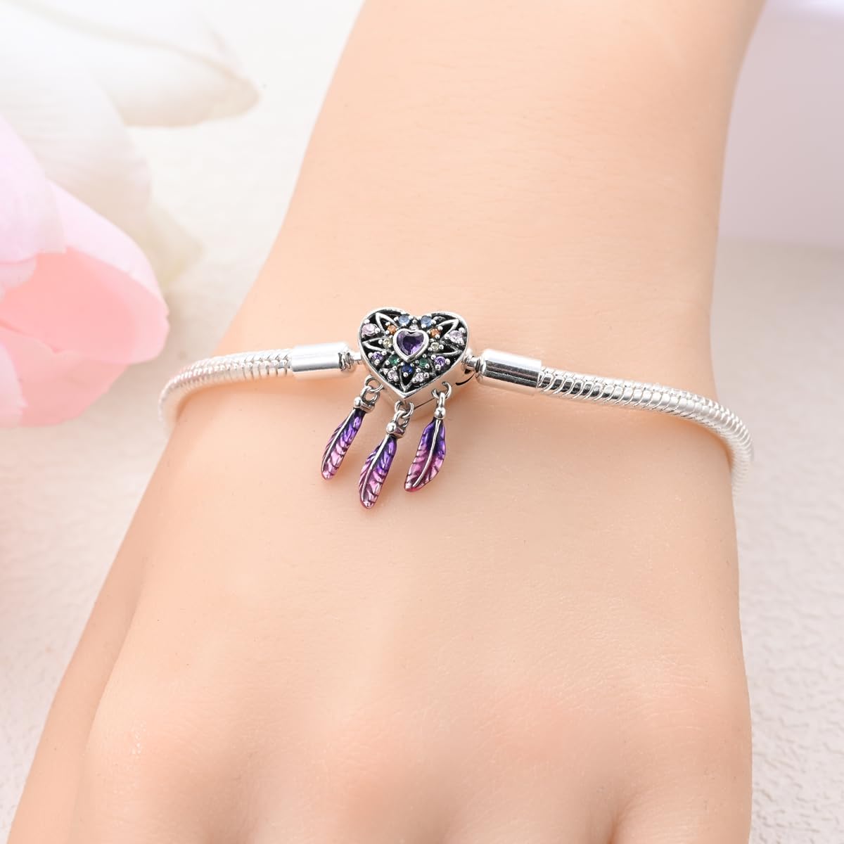 Snake Charm Bracelets for Women Sterling Silver, Travel Charm Moments European Bracelet Filigree Chain Dreamcatcher Bead Jewelry Compatible with Pandora Charms - Image 2