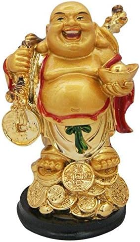 Laughing Buddha with Back Potli & Money Coin for Health, Wealth and Happiness 11 cm (Golden)