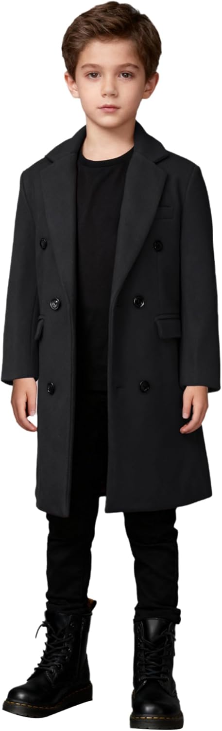 JEYPINMI Boys Classic Dress Coats Fall Winter Notch Lapel Double Breasted Long Trench Coat with Pockets