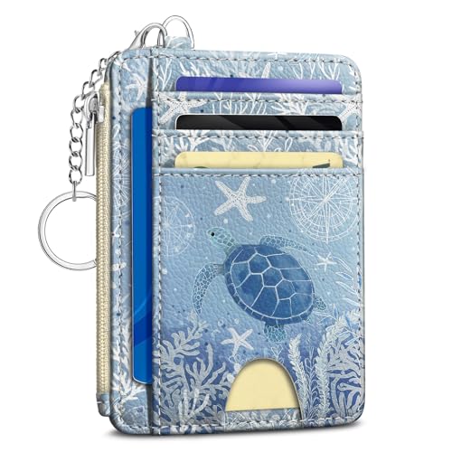 Image of Kelvoris Sea Turtle Credit Card Holder Small Wallet Women, Blue Ocean Slim RFID Wallet Woman Keychain with Zipper Coin Pocket, Front Pocket Thin Travel Card Case Organizer with ID Window Ladies Gifts
