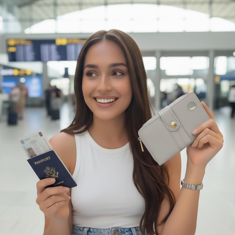 elzama Passport Holder with Airtag Slot for Travel Women, RFID Passport Wallet with Airtag Holder, Zipper Pocket Card Slots Pen Holder & Airtags Keychain (Air tag Not Included) Light Grey - Image 7