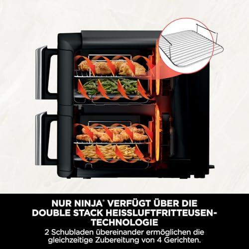 Ninja Double Stack Heißluftfritteuse, 7,6L Digitale Air fryer Doppelkorb mit 4 Kochstufen, 2 Schubladen, 2 Gestelle, platzsparendes Design, 6 Kochfunktionen, 6 Portionen, Schwarz SL300EU – Bild 3