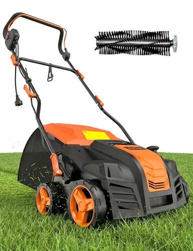 Image of Aspiron Artificial Grass Sweeper, 16-Inch 2000W Electric Power Broom for Artificial Turf, Lawn Sweeper with 55L Removable Collection Bag, 5-Position Height Adjustment, Foldable, Orange