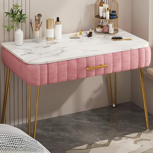 KUBERAS コンパクト化粧台 引き出し収納付き 省スペース 北欧モダン プリンセス風 一人暮らし 賃貸 寝室 メイクアップテーブル おしゃれ (60*40*75cm,ピンク)