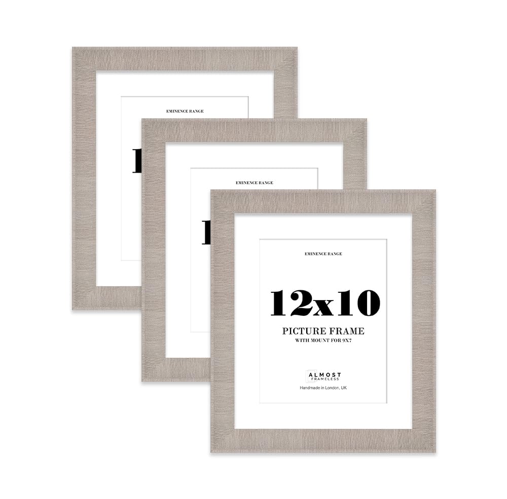 12x10" Grey Picture Frame with 9x7" Mount - Shabby Chic Photo Frame with Distressed Finish, Wall Hooks and Kickstand, 32mm Edge - 3 Pack
