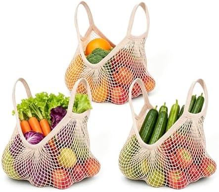 Ecology Reusable Cotton Mesh Grocery Bags 5Pack Long Hand Cotton Mesh String Net Shopping Tote Bags