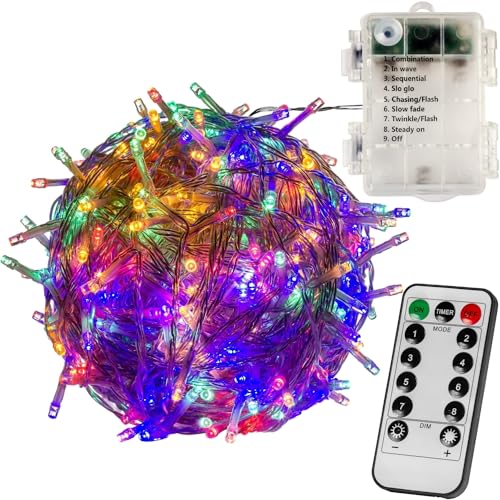 VOLTRONIC LED Lichterkette, IP44, Batteriebetrieben, Modell- und Farbwahl, 100 LEDs, Transparentes Kabel, bunt, Fernbedienung