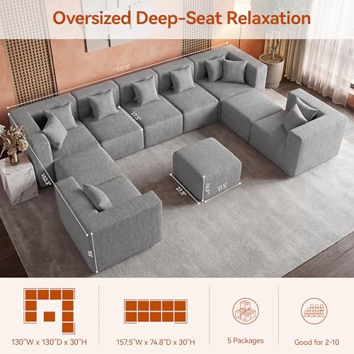 Image of MONVANE Modular Sectional Sofa, Oversized 10 Seat Convertible U Shaped Couch with Ottoman, Comfy Chenille Deep Seat Cloud Couch, Sectional Couches for Living Room, No Assembly Required, Light Grey