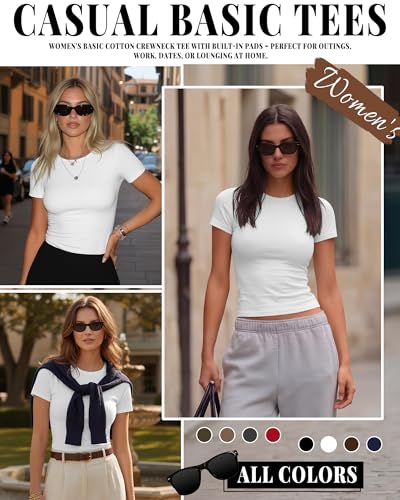 Image of Evervibe Women Built-in Bra Short Sleeve Shirts Crewneck T-Shirt Slim Fit Going Out Tops Casual Summer Basic Tees