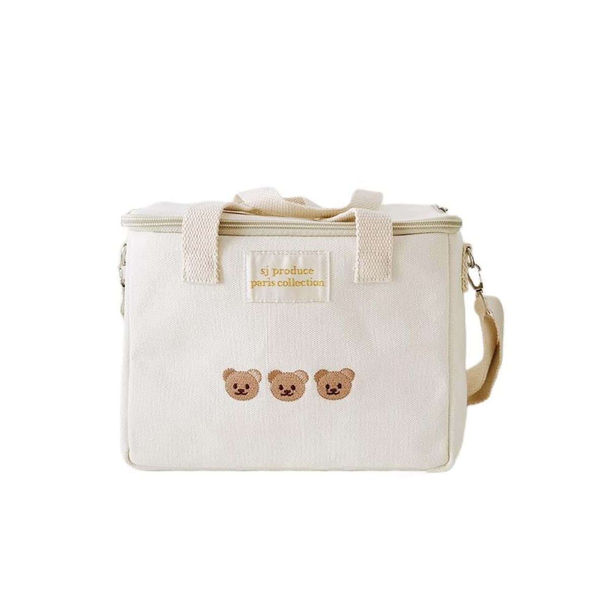 RUNSI Embroidered Bear Insulation Multi-Functional Outing Messenger Picnic Bag Student Portable Handbag Insulation Picnic Storage Box