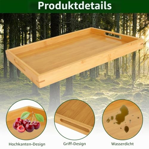 3 Stück Bambus Serviertablett mit Griffen, 35 x 25 x 3 cm Holz Tablett Küchentablett, Holztablett Servierplatte, Rechteckig Frühstückstablett für Frühstück, Getränke und Küchen Deko – Bild 3