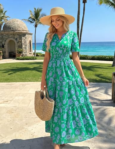 Image of ZESICA Women's 2026 Summer Spring Floral Boho Maxi Dresses Casual Short Sleeve V Neck A Line Flowy Beach Vacation Dress