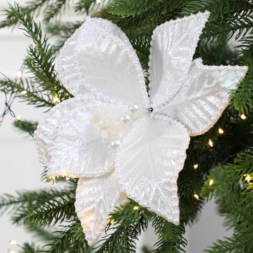 Daifunli 6 Pcs Large Christmas White Pearl Poinsettia Flowers Tree Picks with Berries 10.6 Inches Christmas Tree Ornaments for Xmas Home Vase Decor(Pearl)