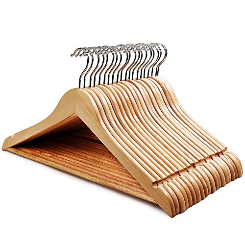 STAR WORK Solid Wood Garment(40) Hangers - With Non Slip Bar And Precisely Cut Notches 40, 360 Degree Swivel Chrome Hook - Natural Finish Super Sturdy