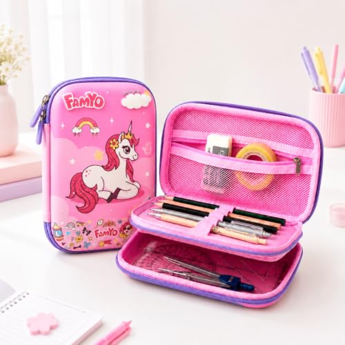 Image of Famyo June Unicorn Pencil Pouch for Kids | 3 Compartment Pencil Case | Hard Shell EVA Pencil Box with Mesh Pocket & Zipper | School Stationery Organizer for Girls