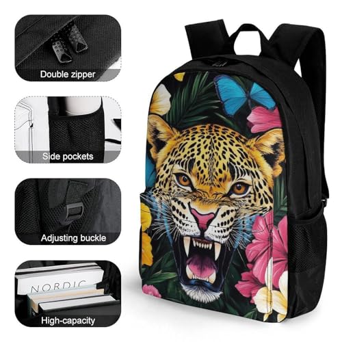 Supdreamc Polyester Daypack for Camping Travel Walking Cycling - Big Capacity Anti-Theft Multipurpose Bookbag, Jungle Florals Cheetah Leopard Print Camping Outdoor Backpack3