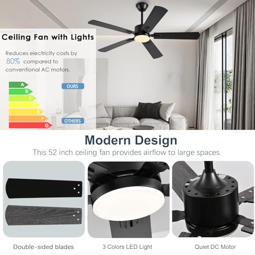 FUMLTP 52 inch Modern Ceiling Fans with Lights APP/Remote Control, Low Profile Reversible 6 Speeds Ceiling Fan Light for Indoor/Outdoor Patio Bedroom Living Room,Black by FUMLTP - Image 3