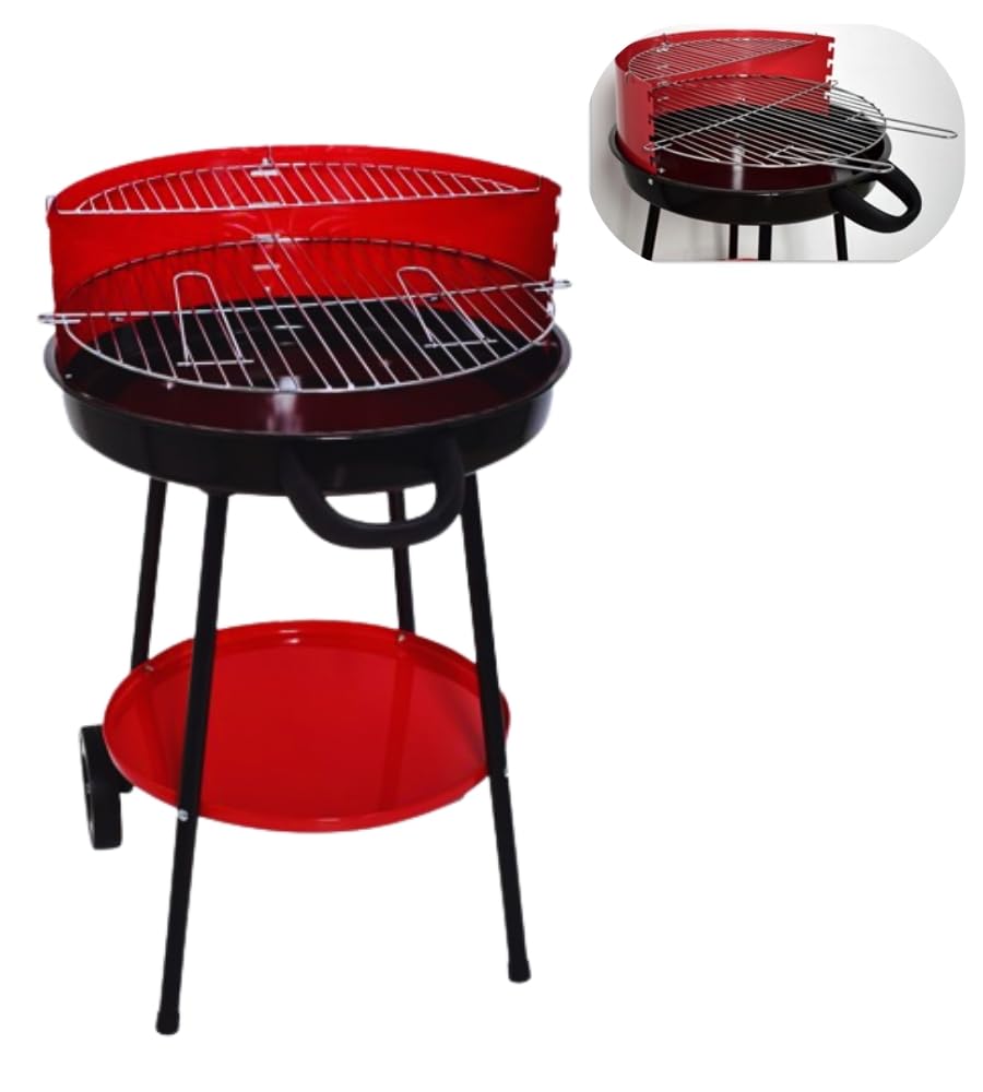 Barbecue Tondo con Ruote e Griglia 50 cm Removibile, Regolabile 59x82x52cm - 4 Posizioni di Cottura Ideale per Fare Carne, Pesce e Altri Alimenti alla Brace, Struttura in Metallo Resistente
