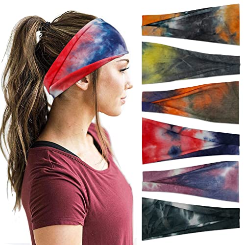 YONUF Headbands For Women Workout Wide Headband Yoga Head Bands For Women's Hair Accessories Fashion Band Tie Dye 6 Pack