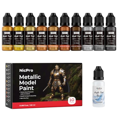 Nicpro 10 Colors Metallic Model Paint Set 20ml Ready to Use Modeling Acrylic Paints Brush & Airbrush Compatible Miniature Paint Set for Beginner & Pro on Model Scale Figure Crafts with 1 Thinner