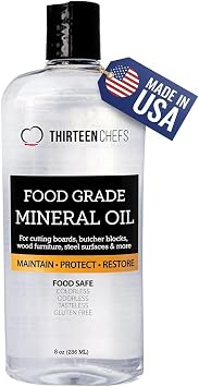 Thirteen Chefs Mineral Oil - 8 oz Food Grade Conditioner for Wood Cutting Board, Countertop & Butcher Block, Lubricant for Knife or Meat Grinder - Safe USP Finish on Marble, Soapstone