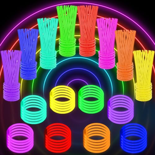Glow Sticks Bulk Party Favors: 400 Pack 8 Colors Glow in The Dark Party Supplies 8\" Glow Necklaces and Bracelets with Connectors Light up Birthday Halloween 4th of July Wedding Neon Party Decorations